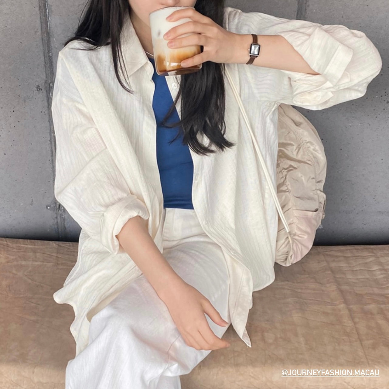 韓國丨純棉暗紋寬鬆襯衫