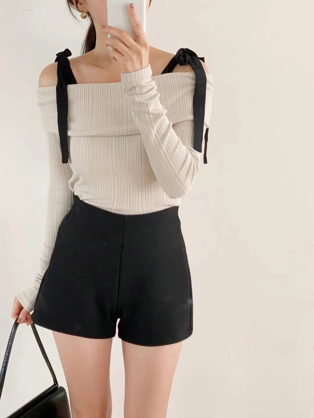 韓國丨蝴蝶結綁帶直紋TOP