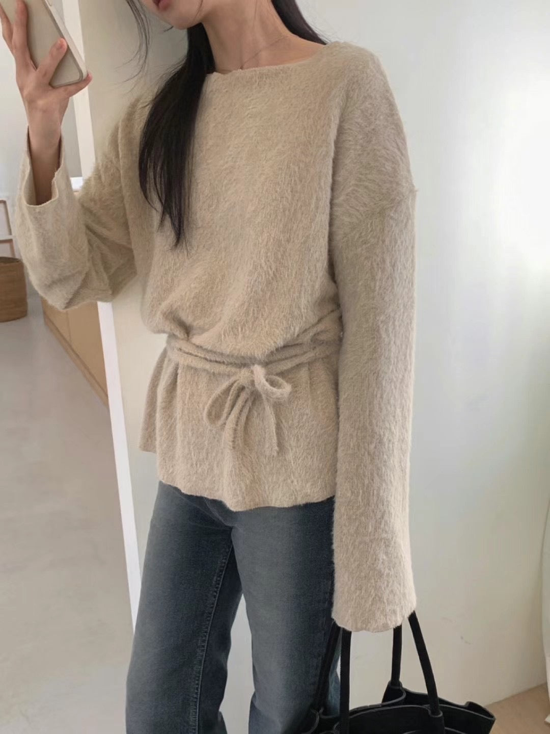 韓國丨柔軟絨毛綁帶TOP