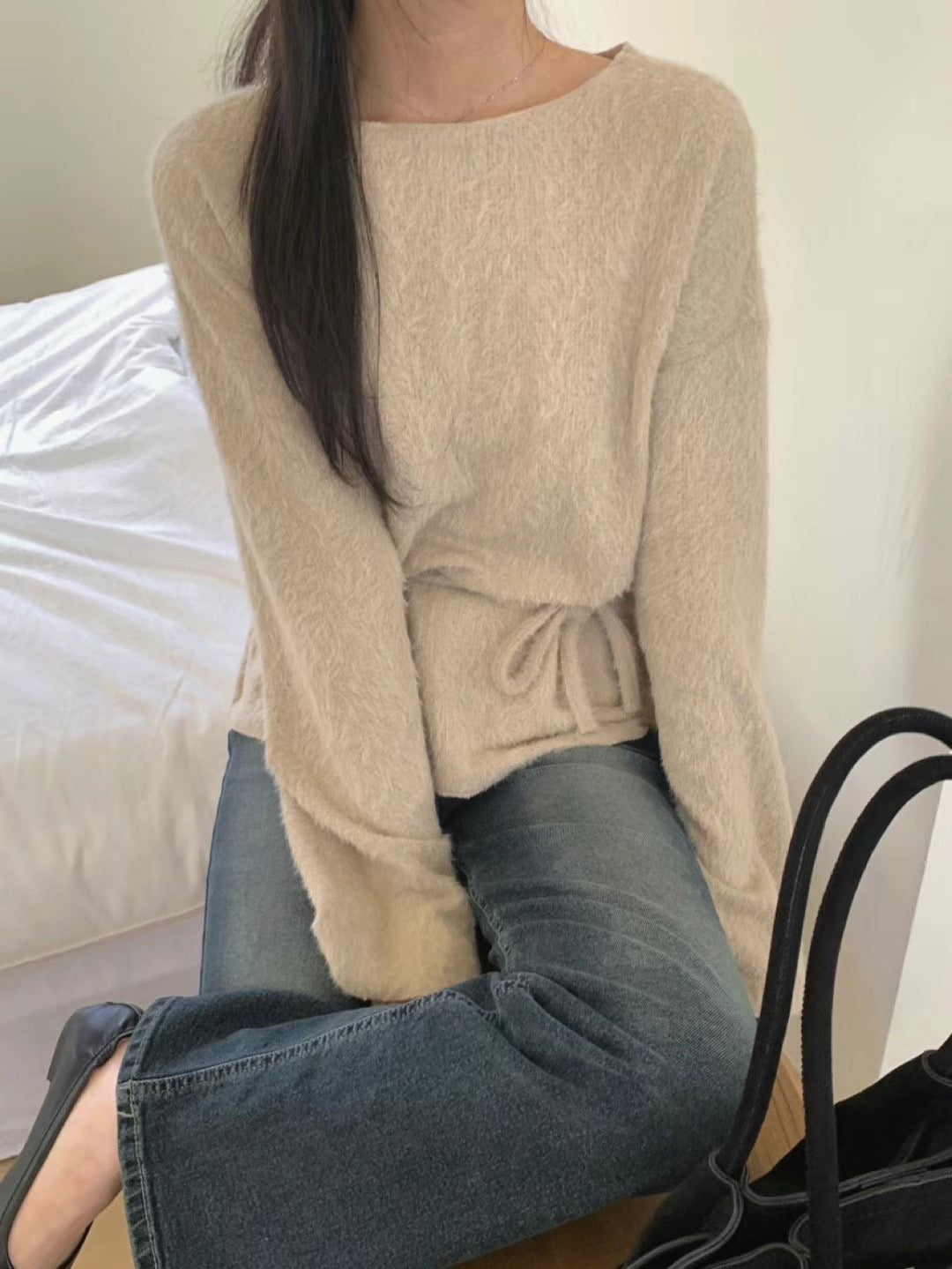 韓國丨柔軟絨毛綁帶TOP