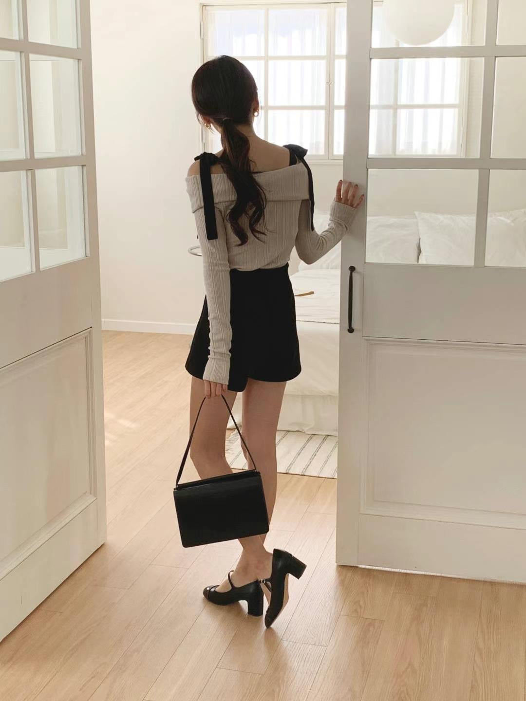 韓國丨蝴蝶結綁帶直紋TOP