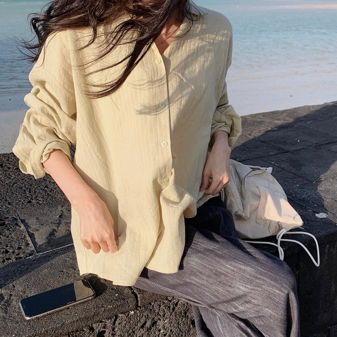 韓國丨純棉暗紋寬鬆襯衫