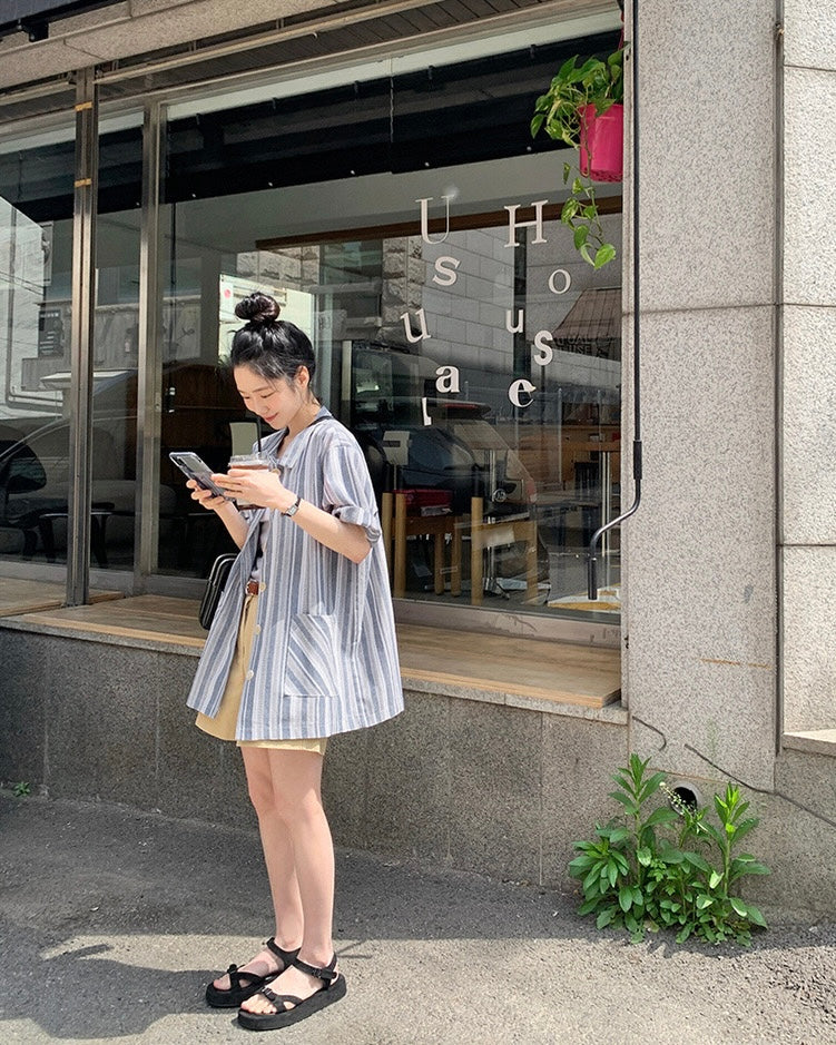 韓國丨寬鬆間紋襯衫