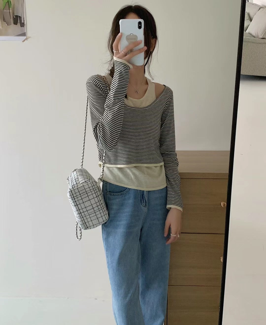韓國丨間紋長袖背心SET