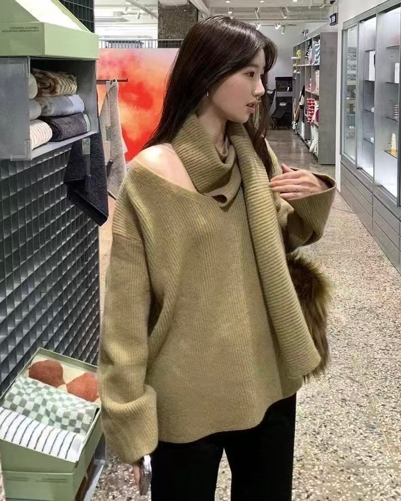 韓國丨寬鬆自帶頸巾針織