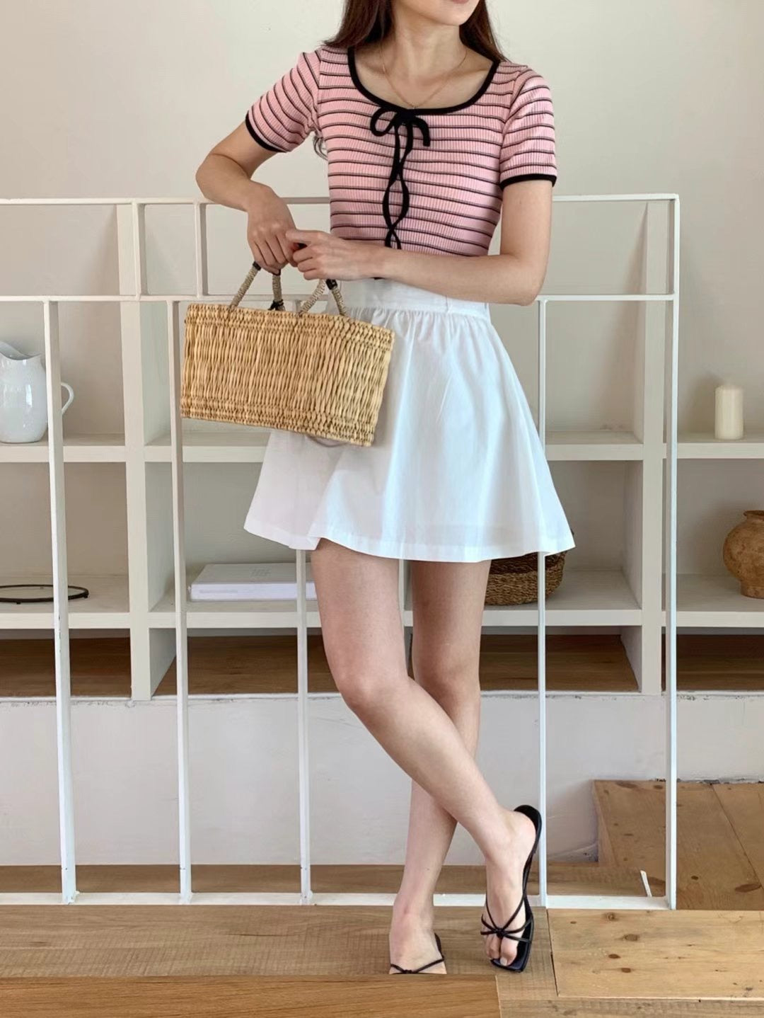 韓國丨撞色間紋綁帶TOP