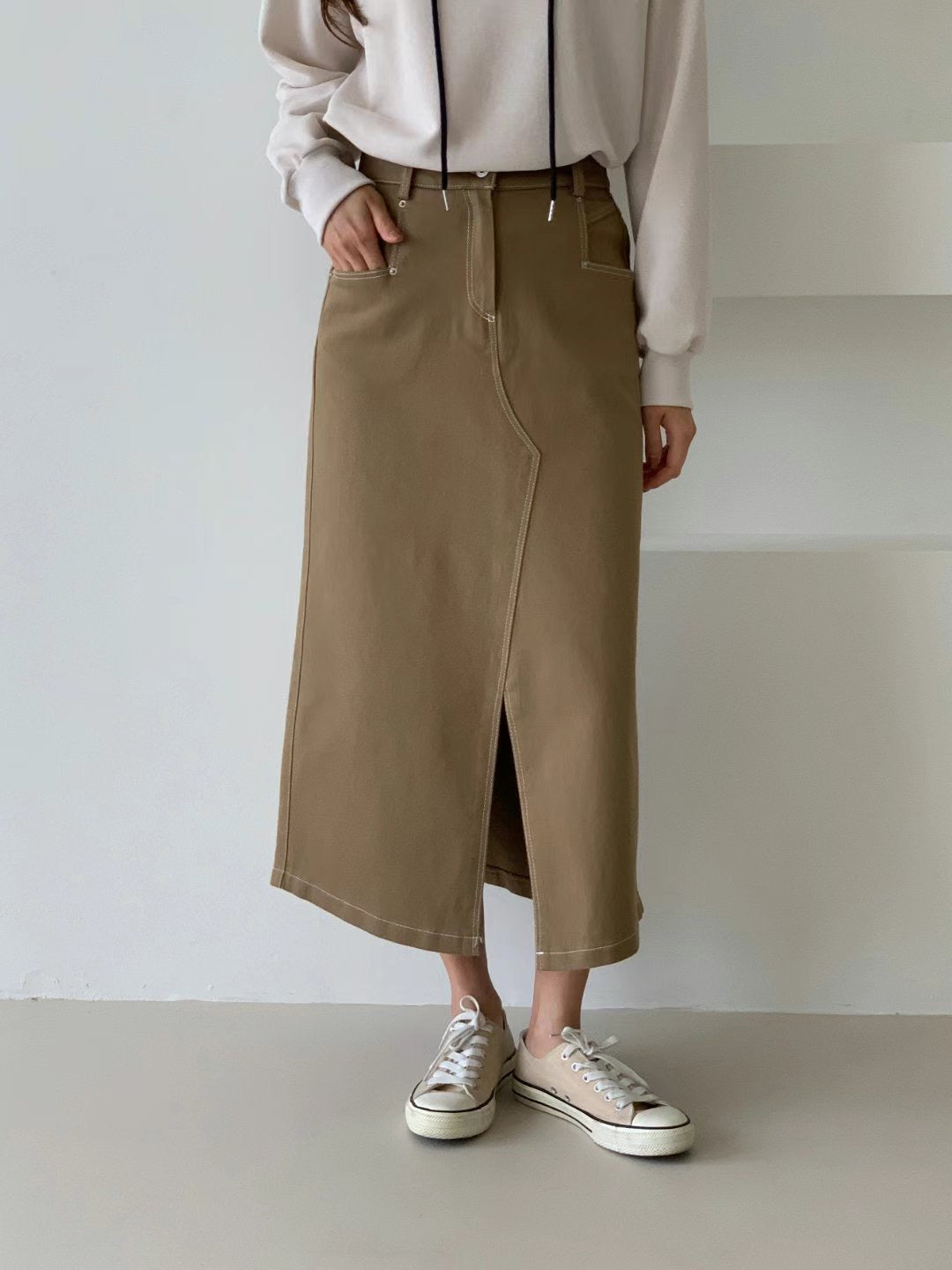 韓國丨前開叉高腰半身裙