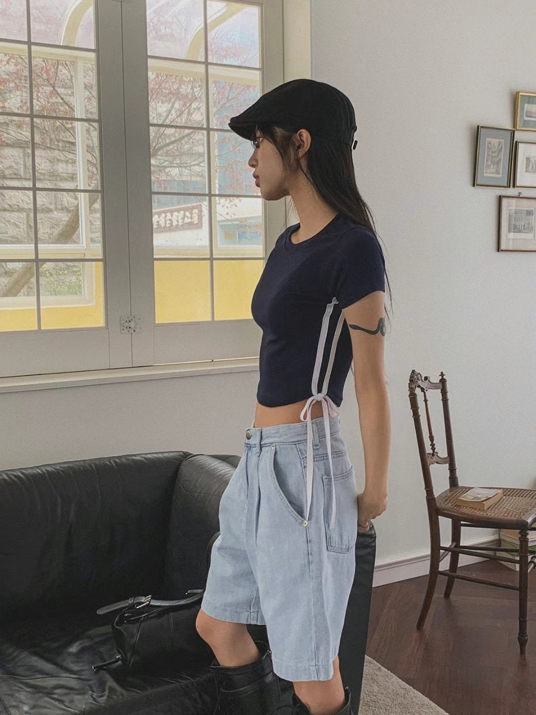 韓國丨撞色側綁帶TEE