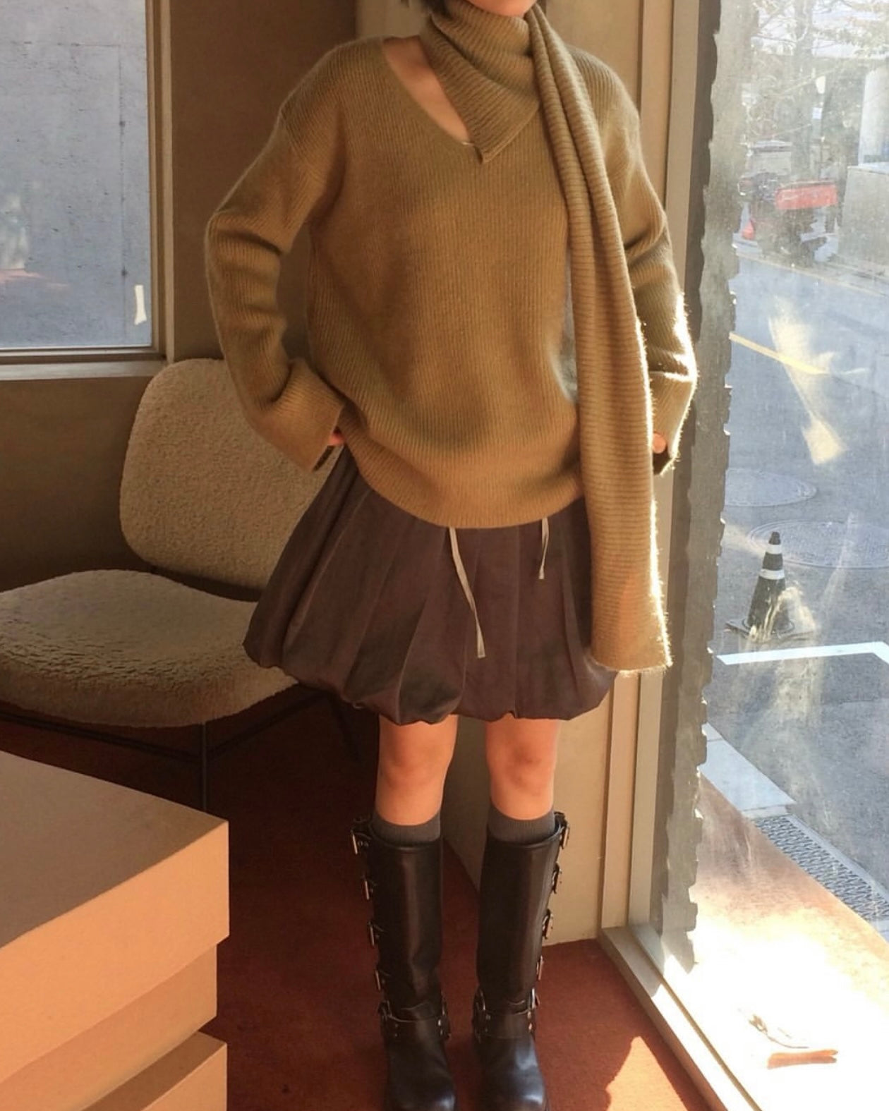 韓國丨寬鬆自帶頸巾針織