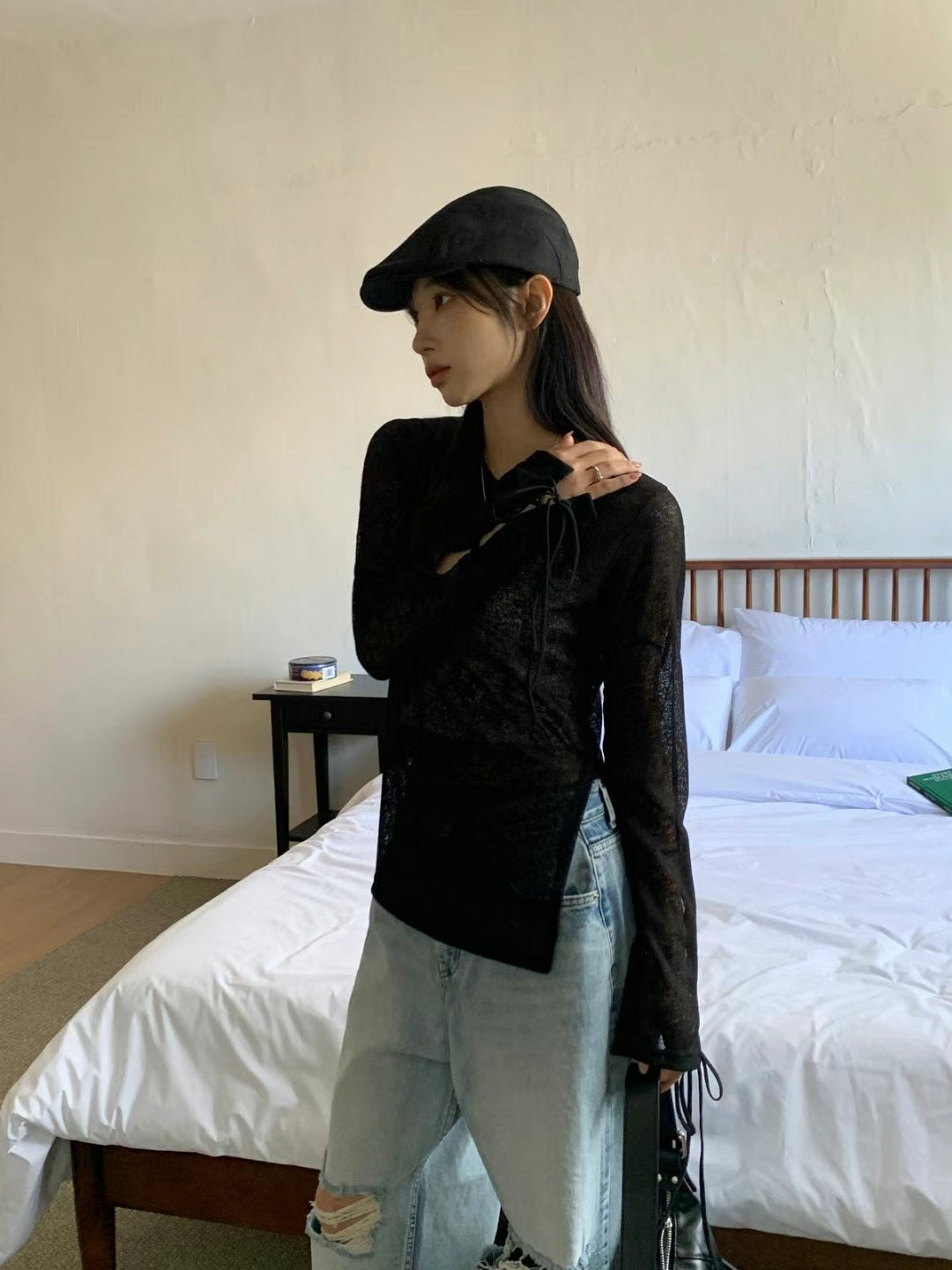 韓國丨袖綁帶側開叉TOP