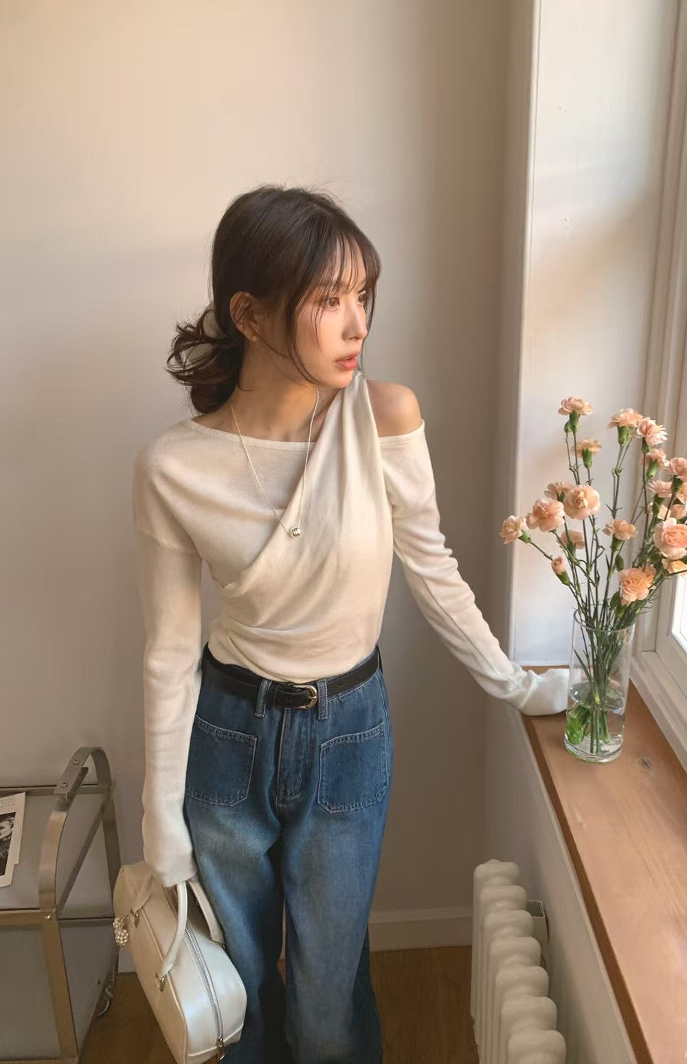 韓國丨純色不規則露肩TOP