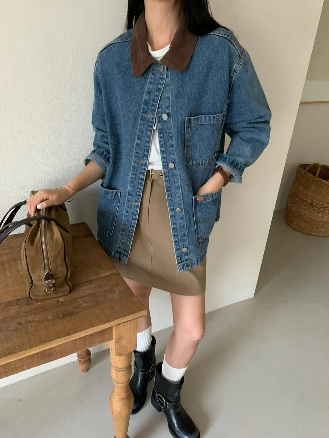 韓國丨燈芯絨拼領牛仔外套