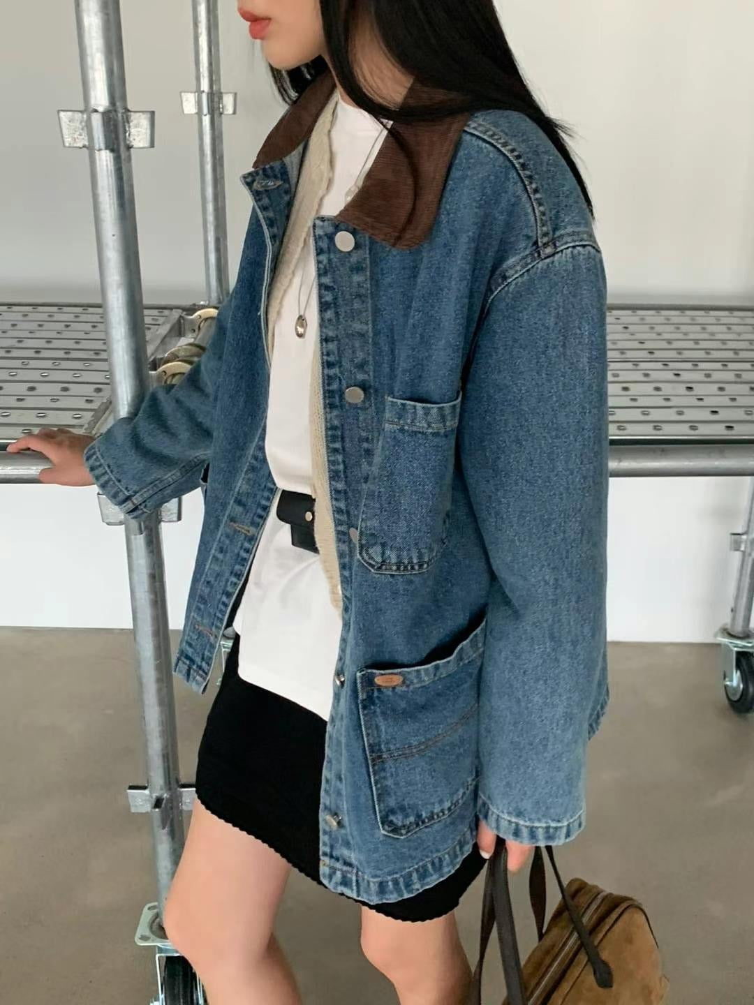 韓國丨燈芯絨拼領牛仔外套