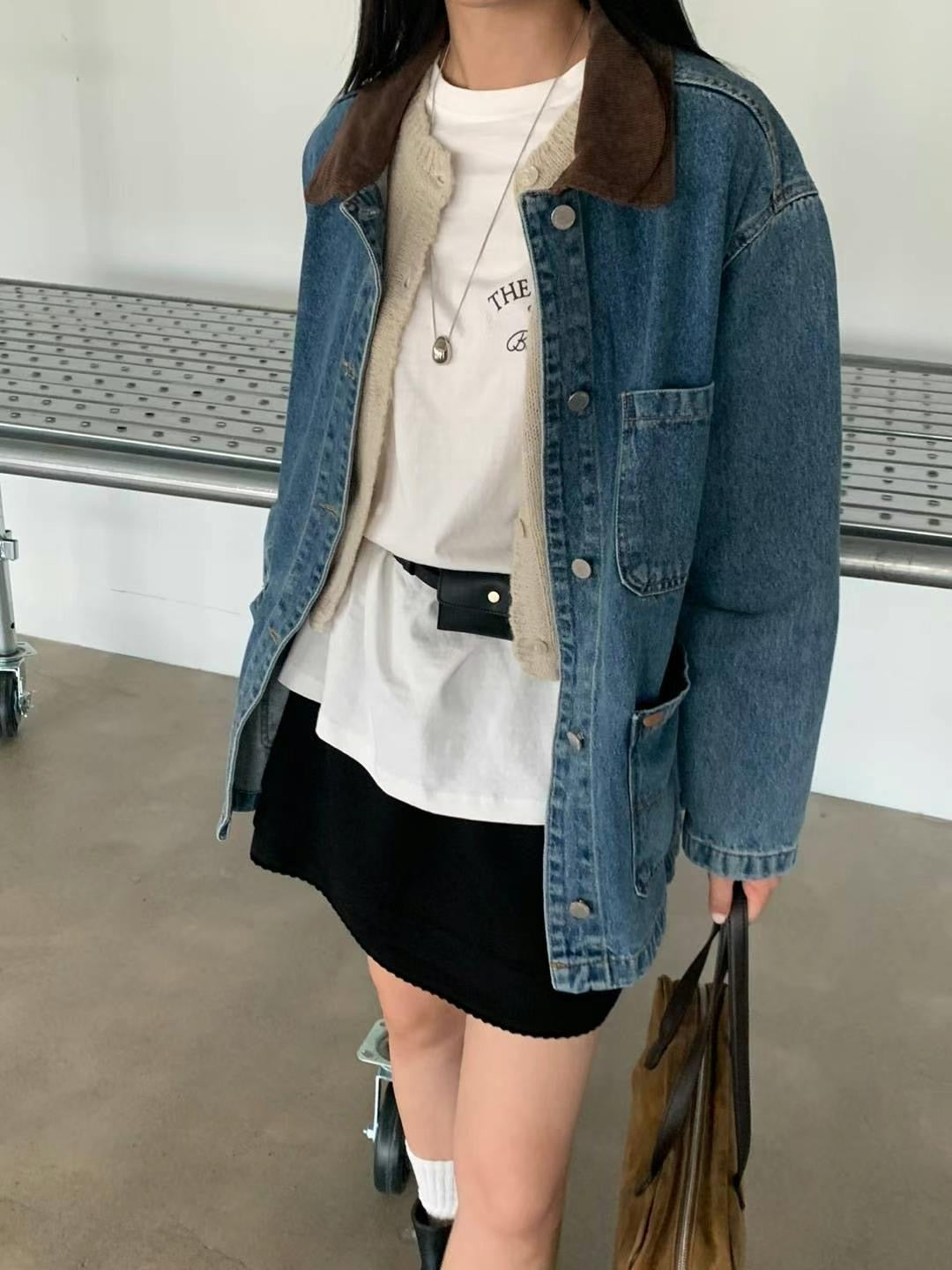 韓國丨燈芯絨拼領牛仔外套