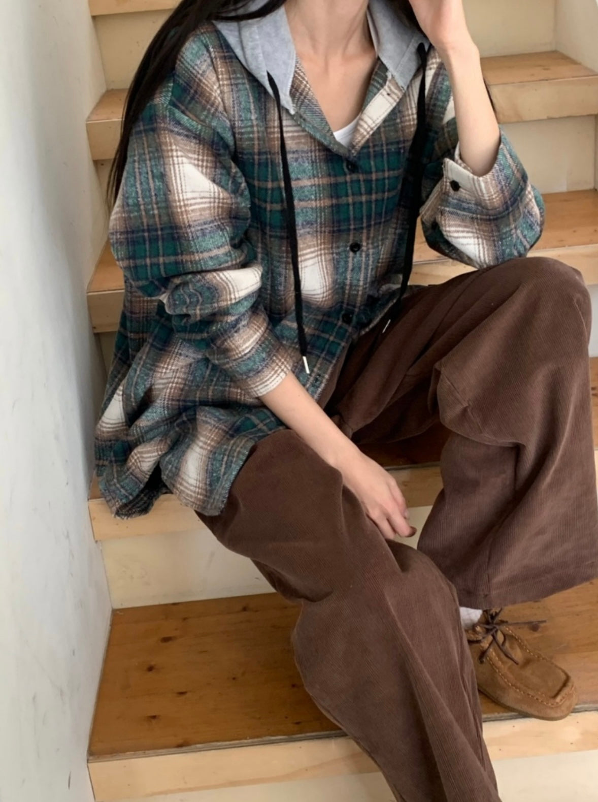韓國丨連帽格紋長襯衫