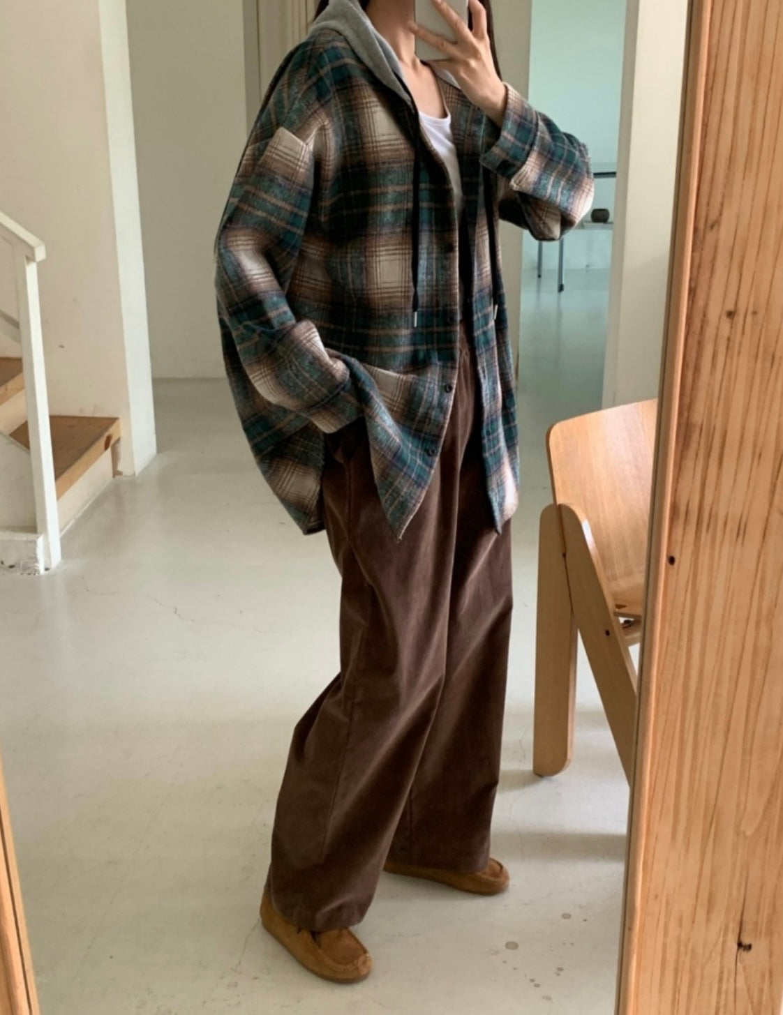 韓國丨連帽格紋長襯衫