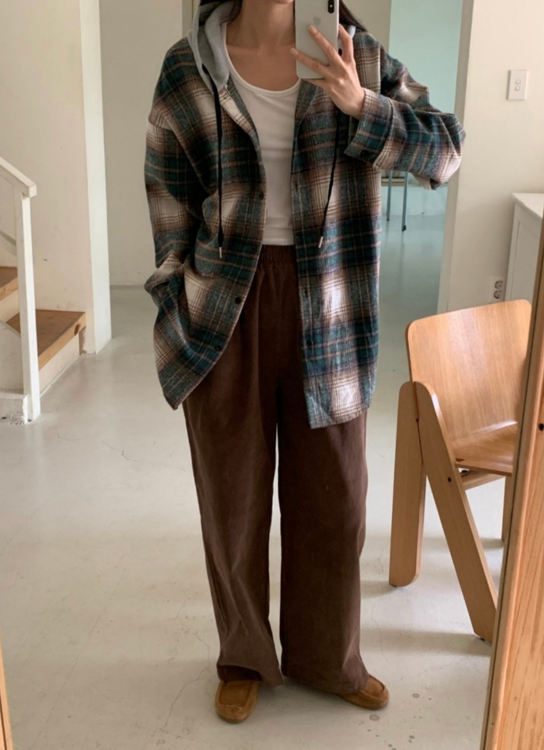 韓國丨連帽格紋長襯衫