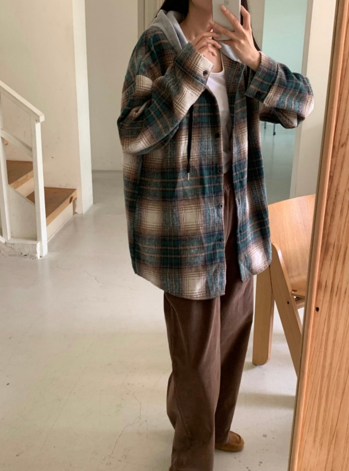 韓國丨連帽格紋長襯衫