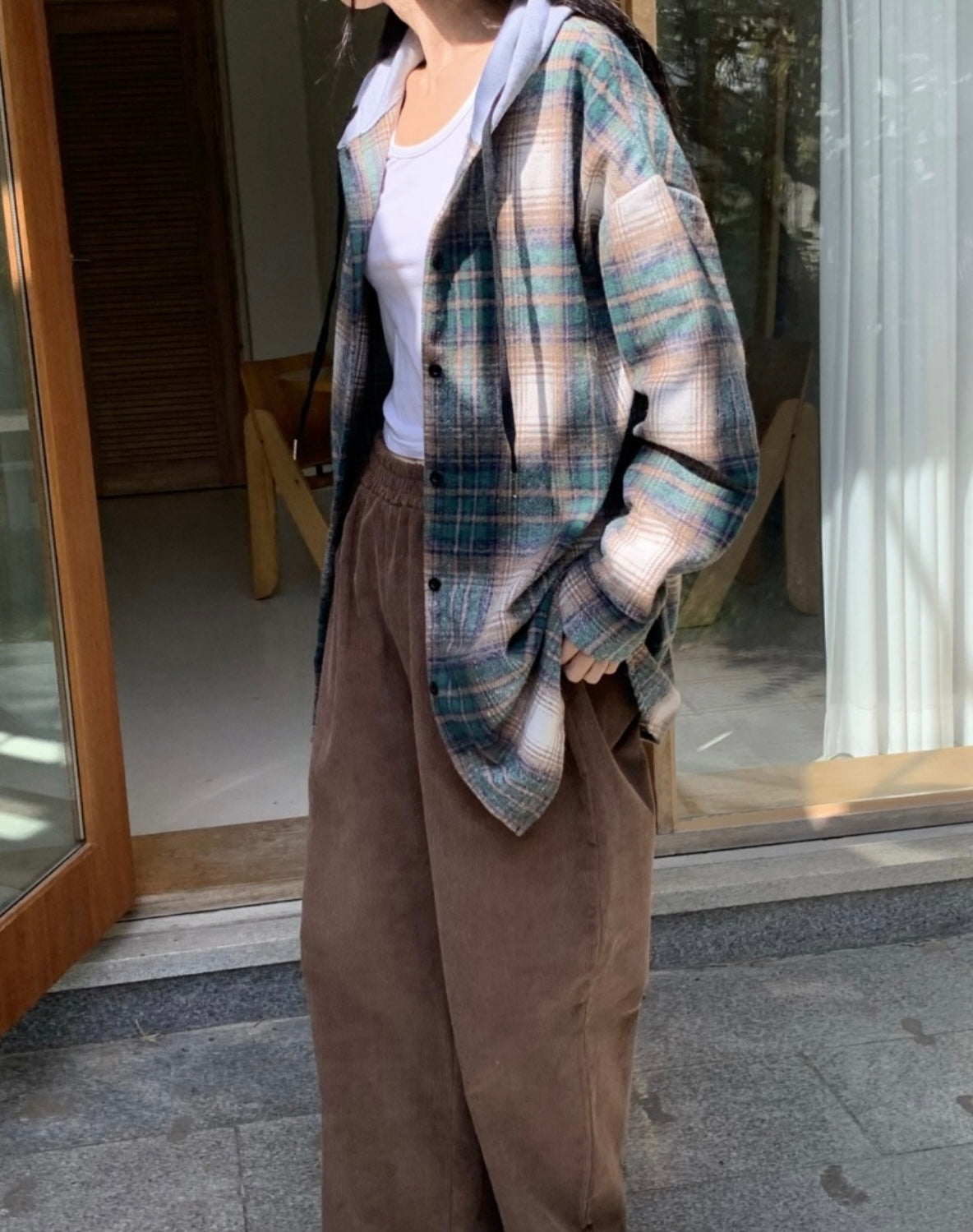 韓國丨連帽格紋長襯衫