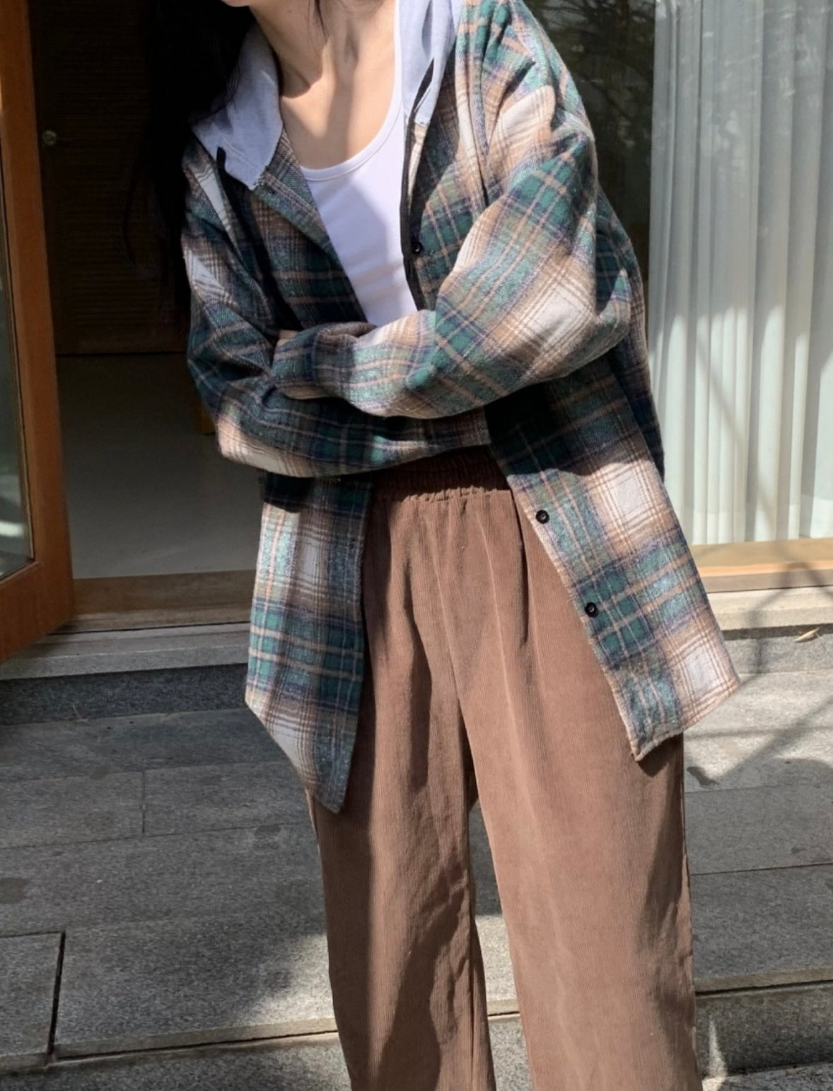韓國丨連帽格紋長襯衫