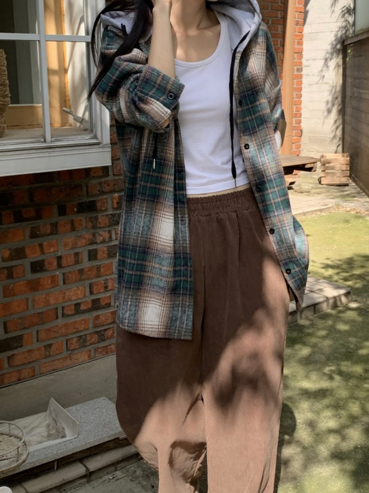 韓國丨連帽格紋長襯衫
