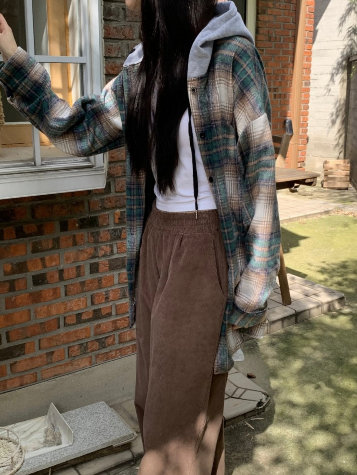 韓國丨連帽格紋長襯衫