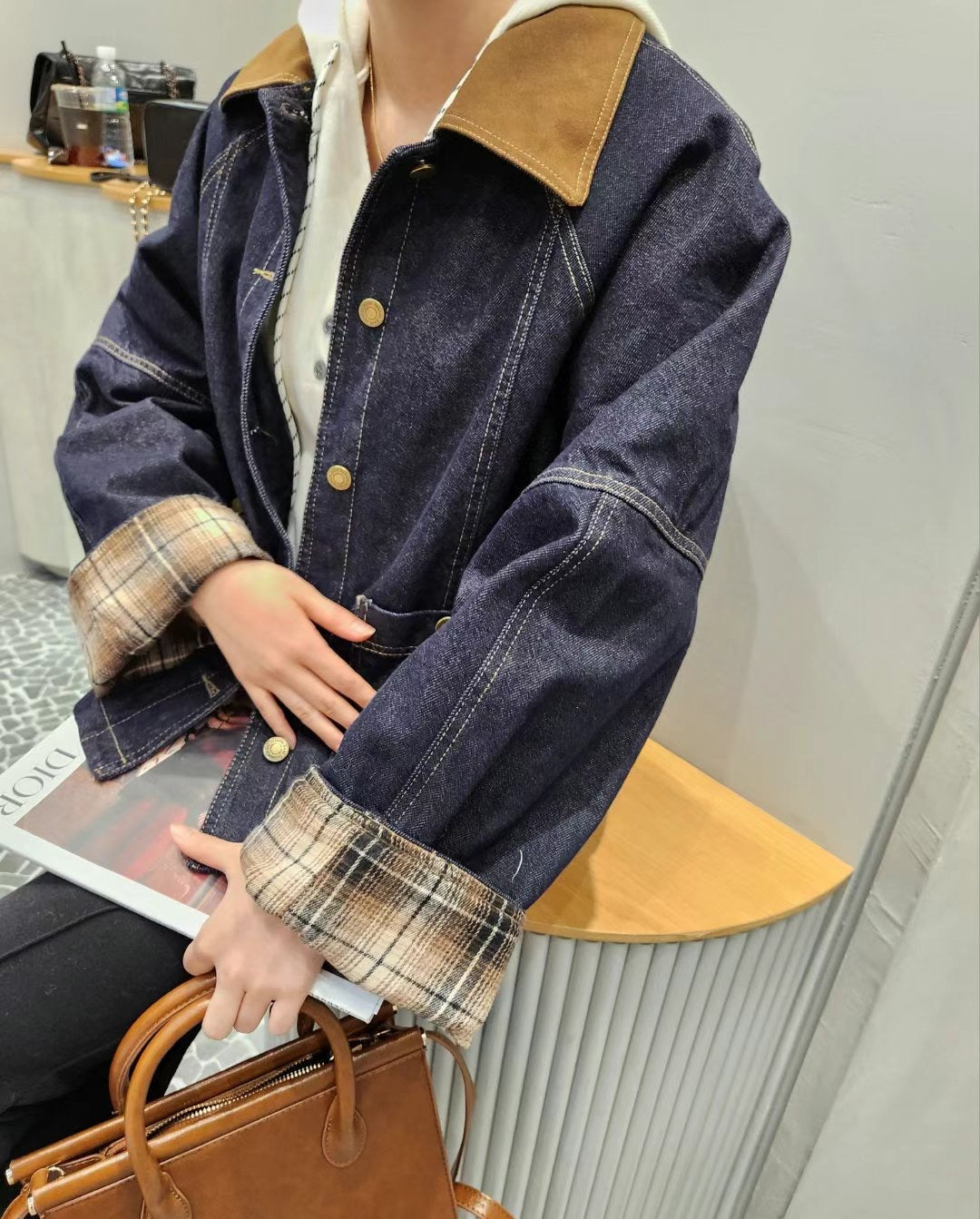 韓國丨麂皮拼領夾層外套
