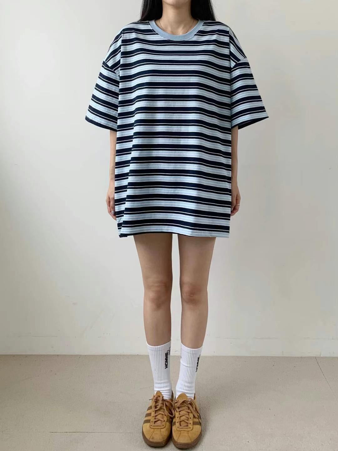 韓國丨寬鬆撞色橫間TEE
