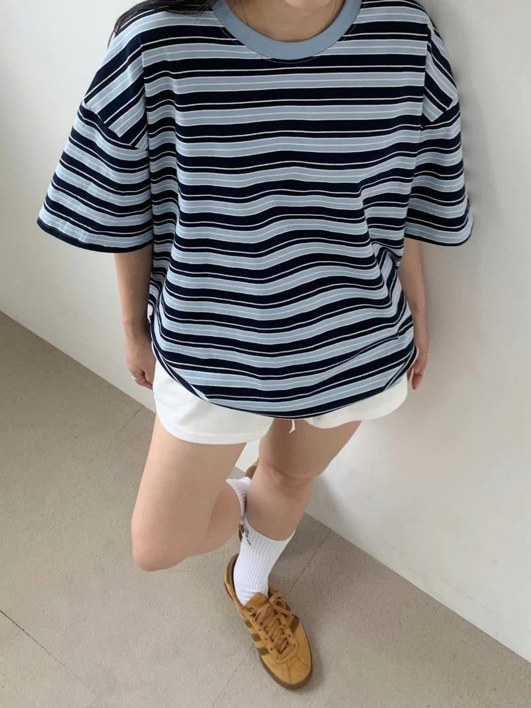 韓國丨寬鬆撞色橫間TEE