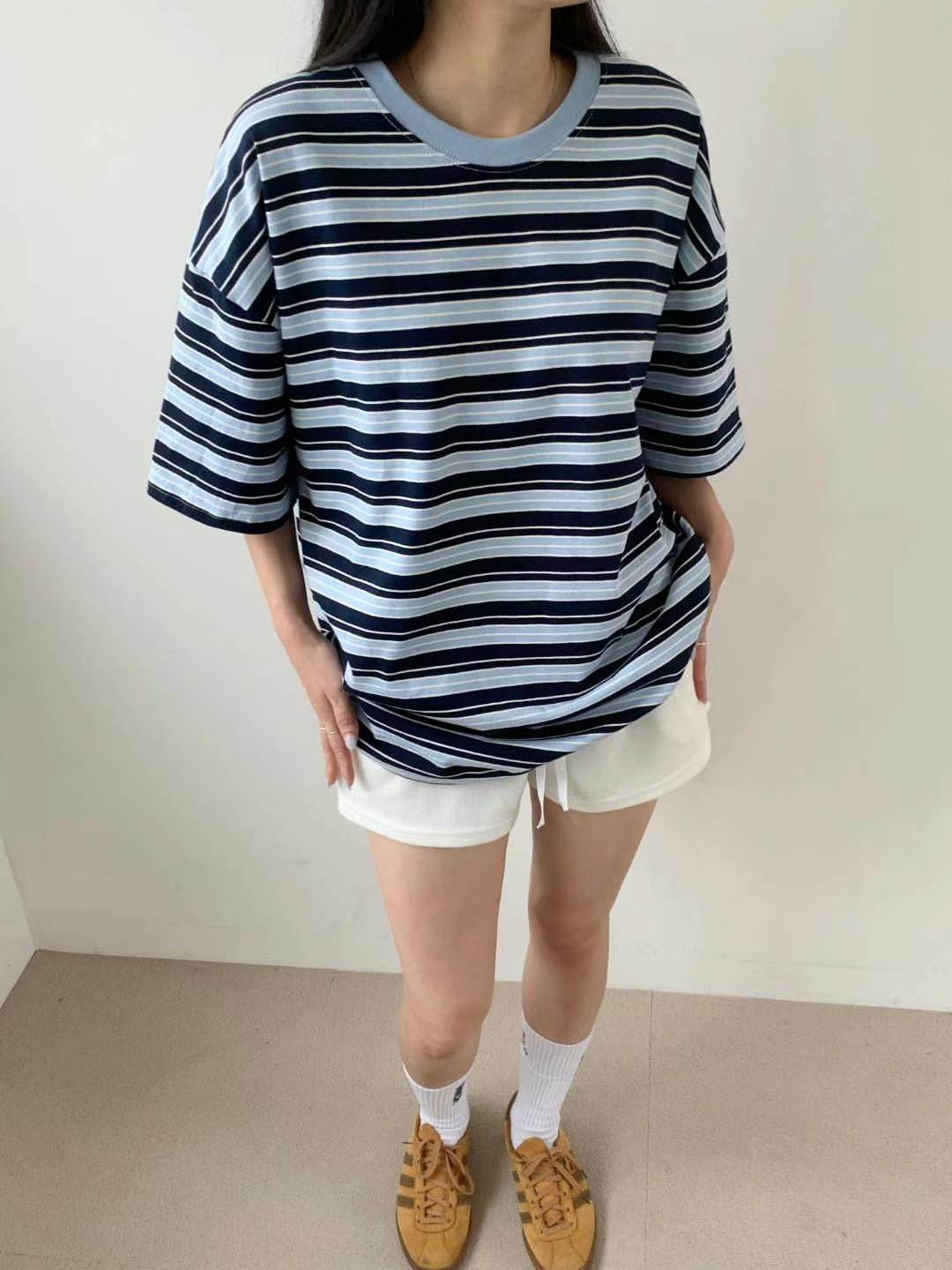 韓國丨寬鬆撞色橫間TEE