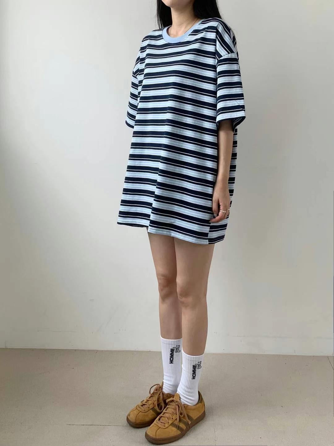 韓國丨寬鬆撞色橫間TEE