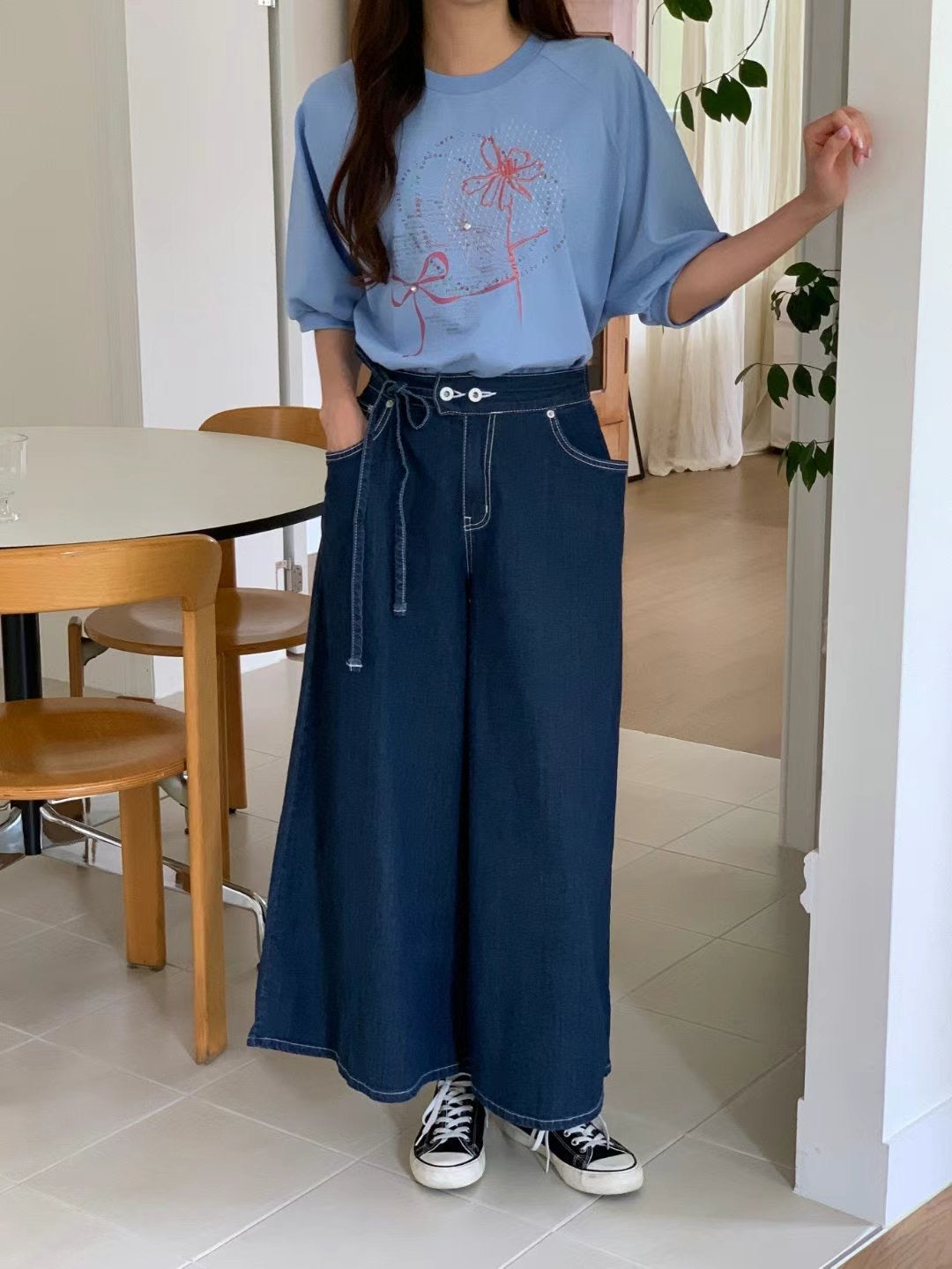 韓國丨薄款綁帶牛仔褲