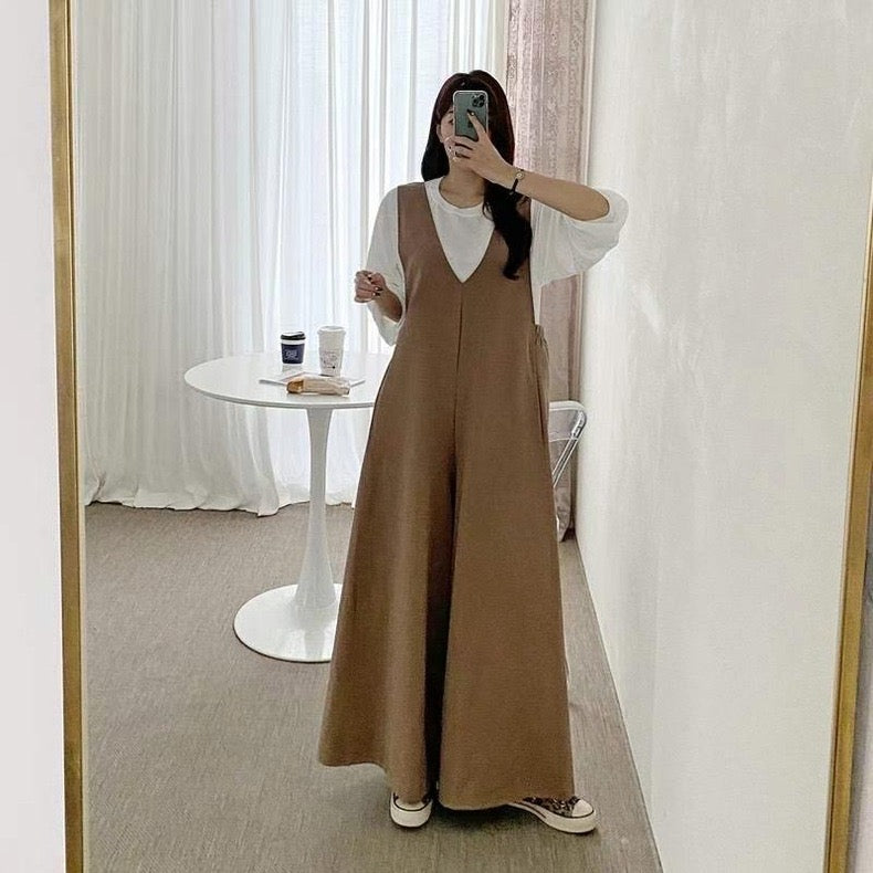 韓國丨V領寬鬆連身褲