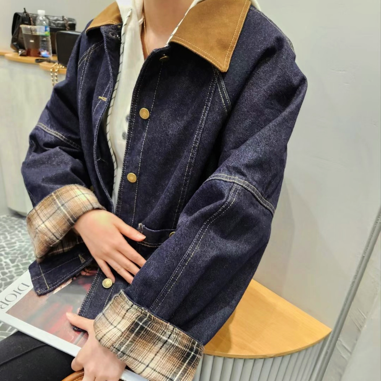 韓國丨麂皮拼領夾層外套