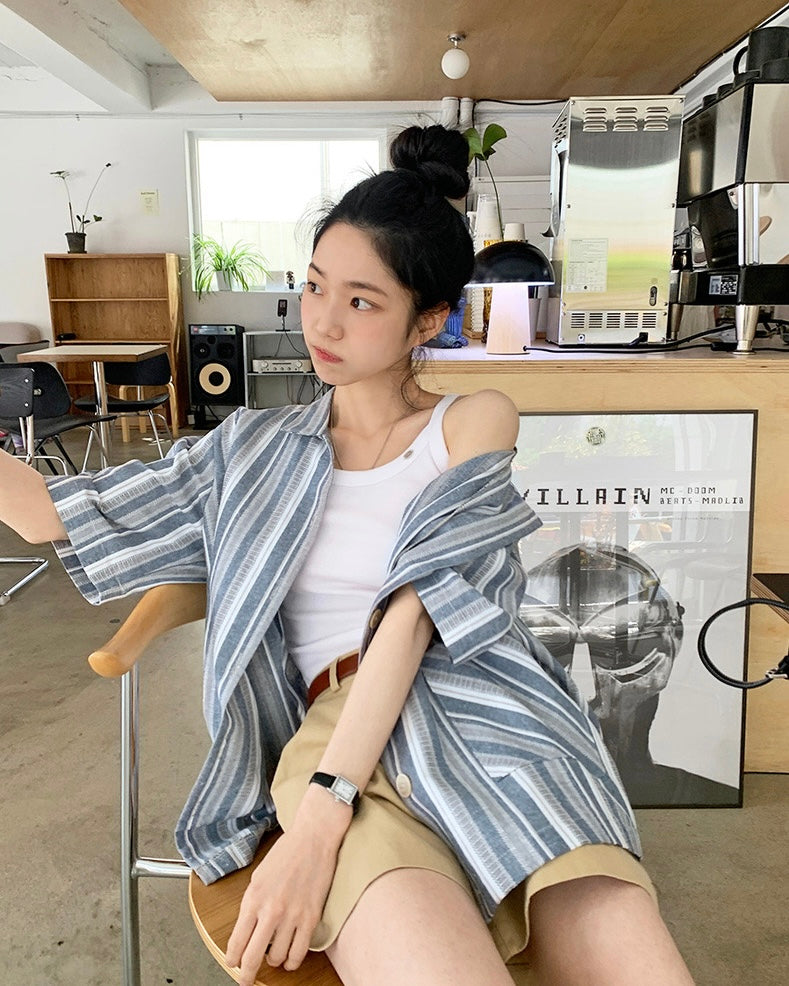 韓國丨寬鬆間紋襯衫