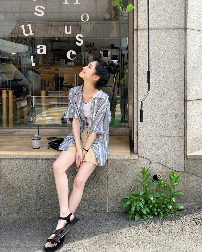 韓國丨寬鬆間紋襯衫