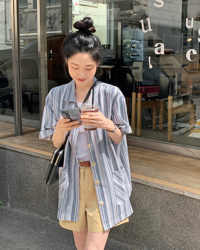 韓國丨寬鬆間紋襯衫