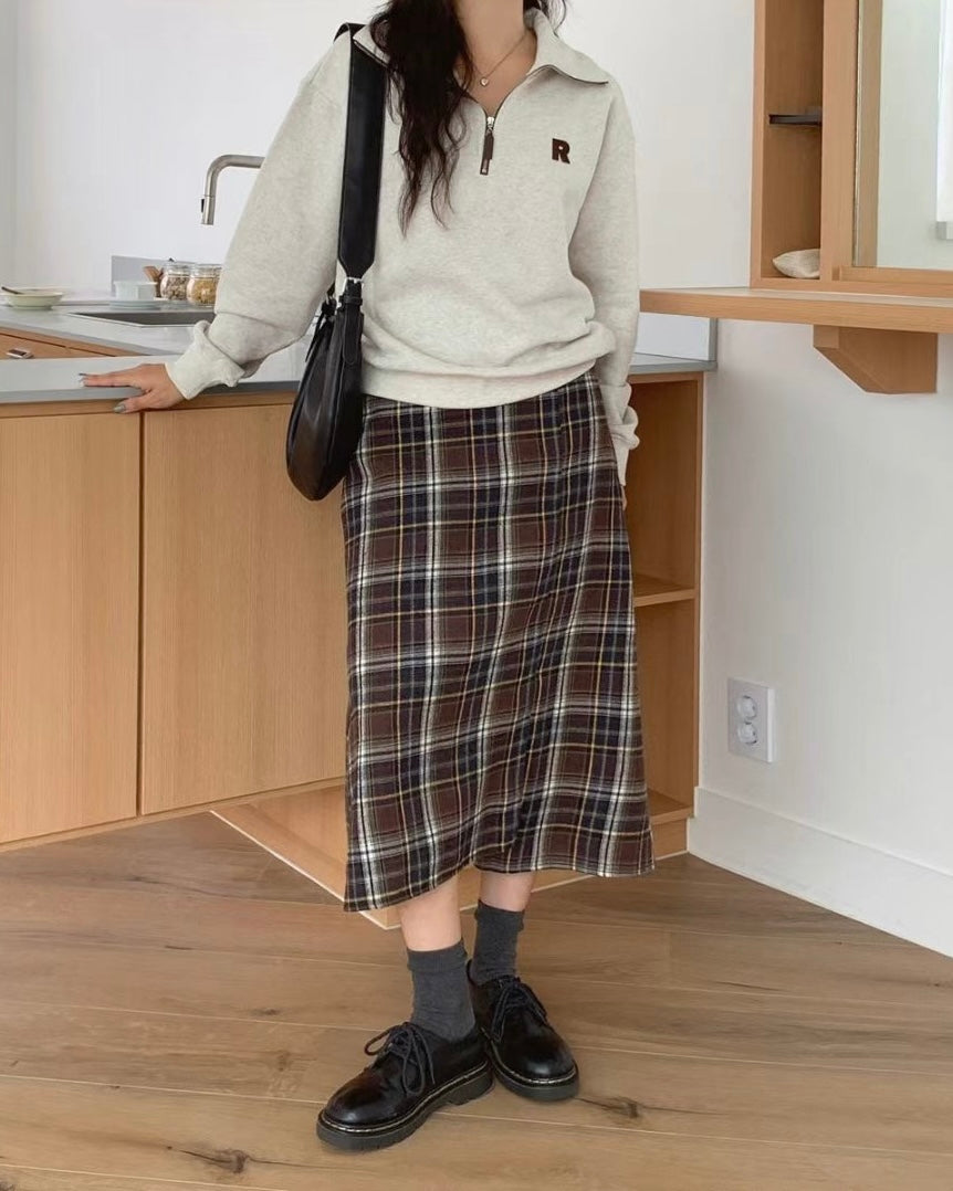 韓國丨前開叉格紋裙