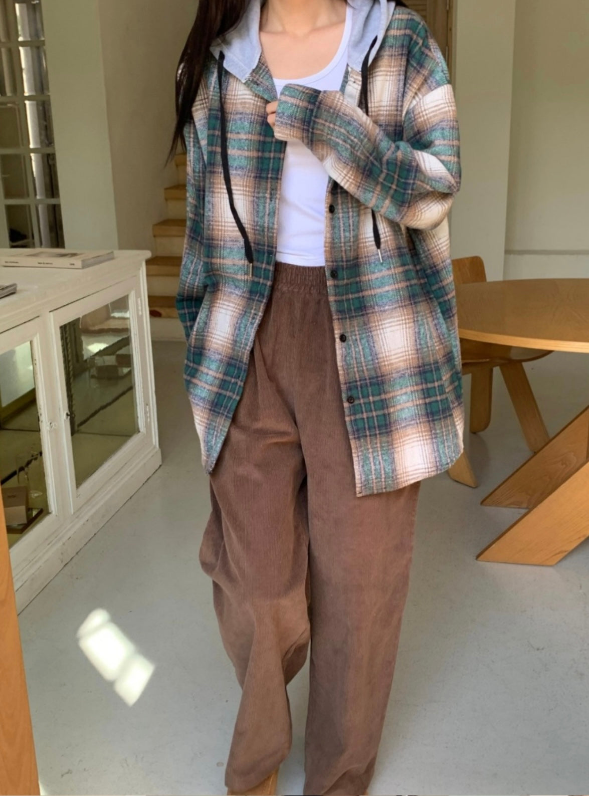 韓國丨連帽格紋長襯衫