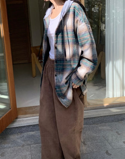 韓國丨連帽格紋長襯衫