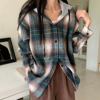 韓國丨連帽格紋長襯衫